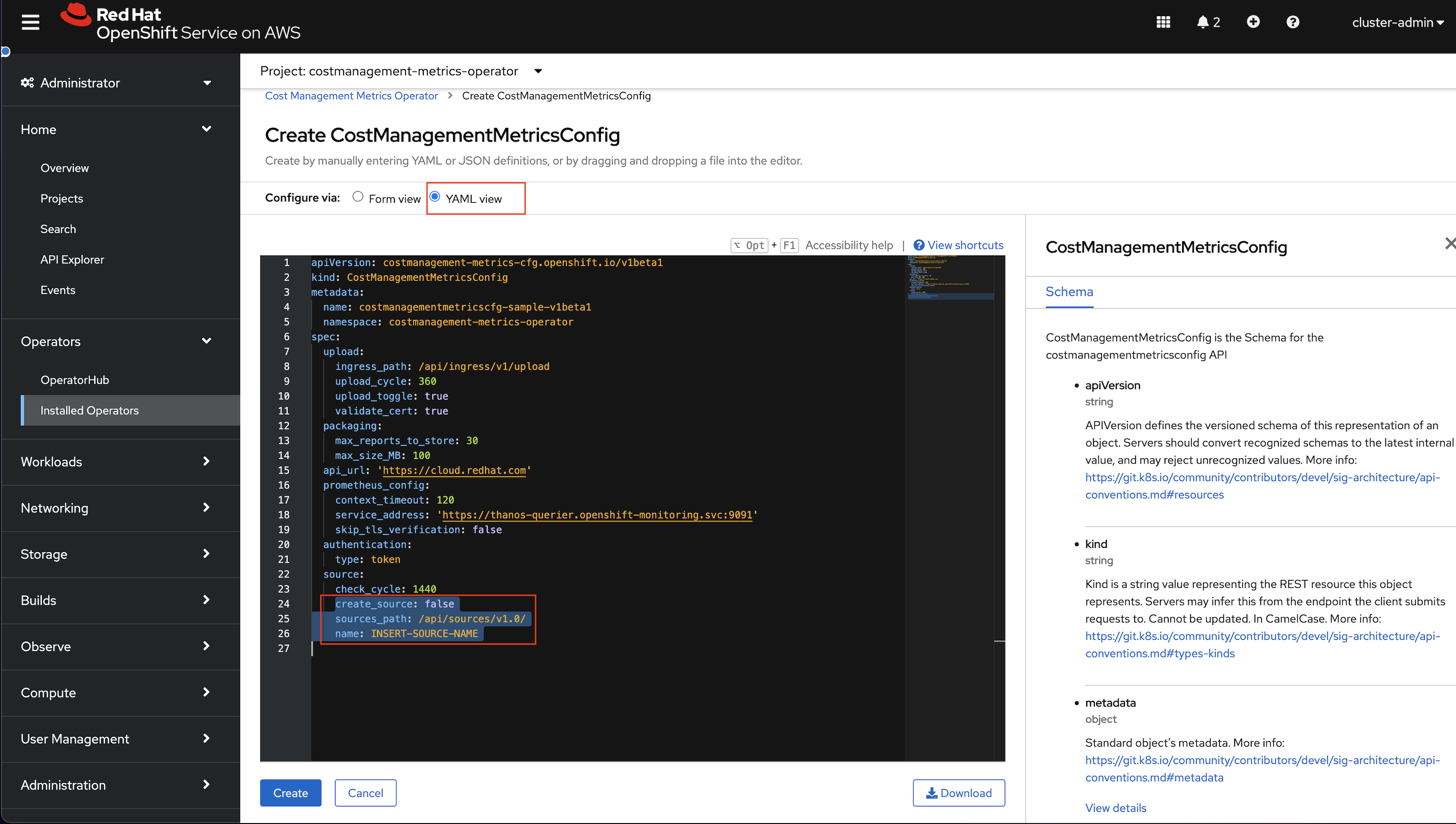 Cost management Metrics Config